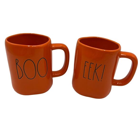 Rae Dunn by Magenta Pottery Boo Eek! Set lot of 2 large Mugs Orange Halloween - Picture 1 of 9